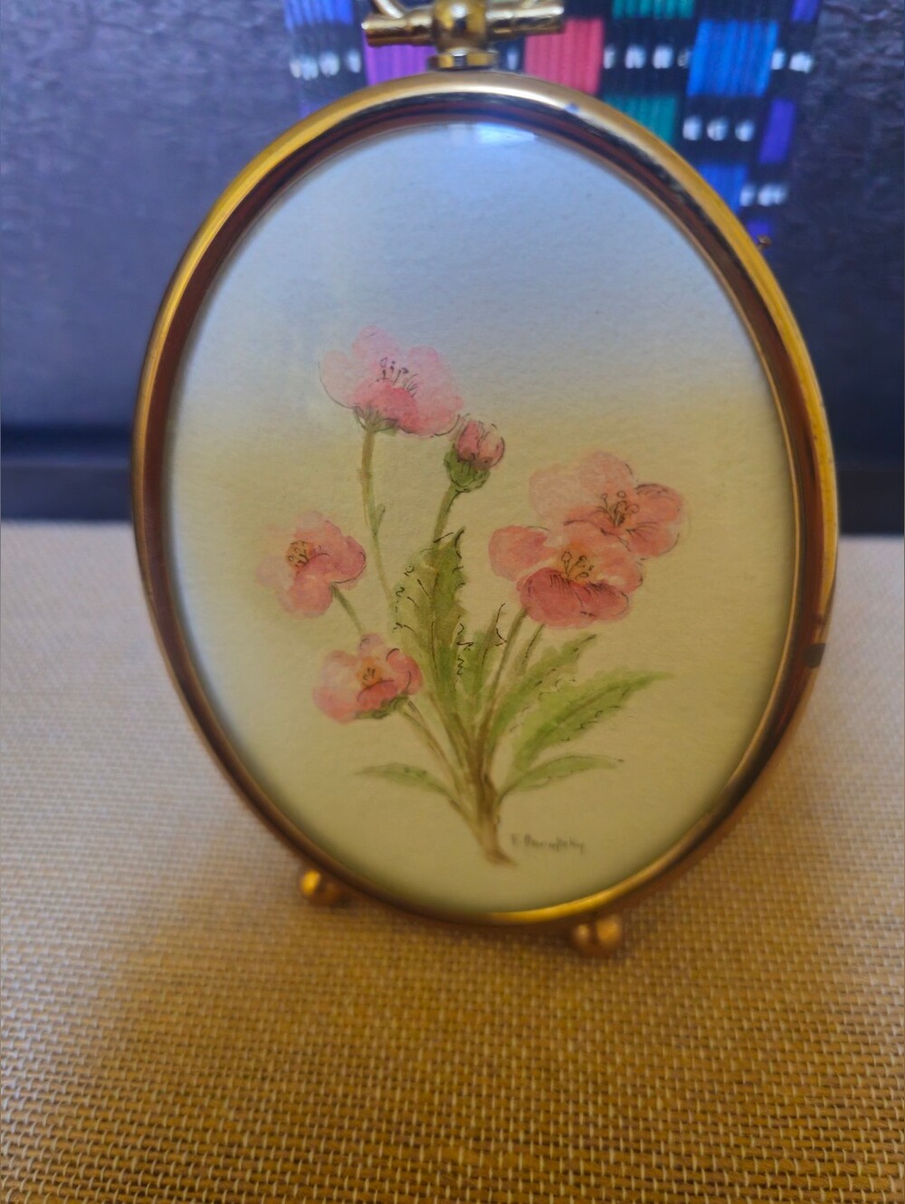 Vintage Miniature Floral Watercolor Oval Brass Frame Signed F Borofsky